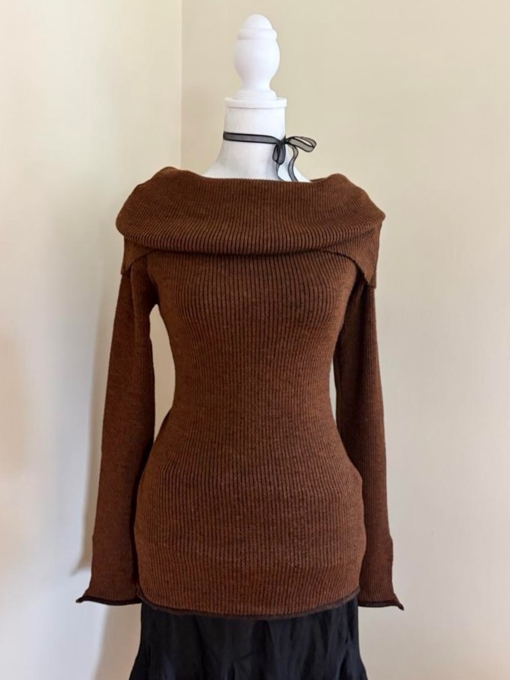 Italian wool brown knit cowl neck off shoulder tunic sweater European Zara L